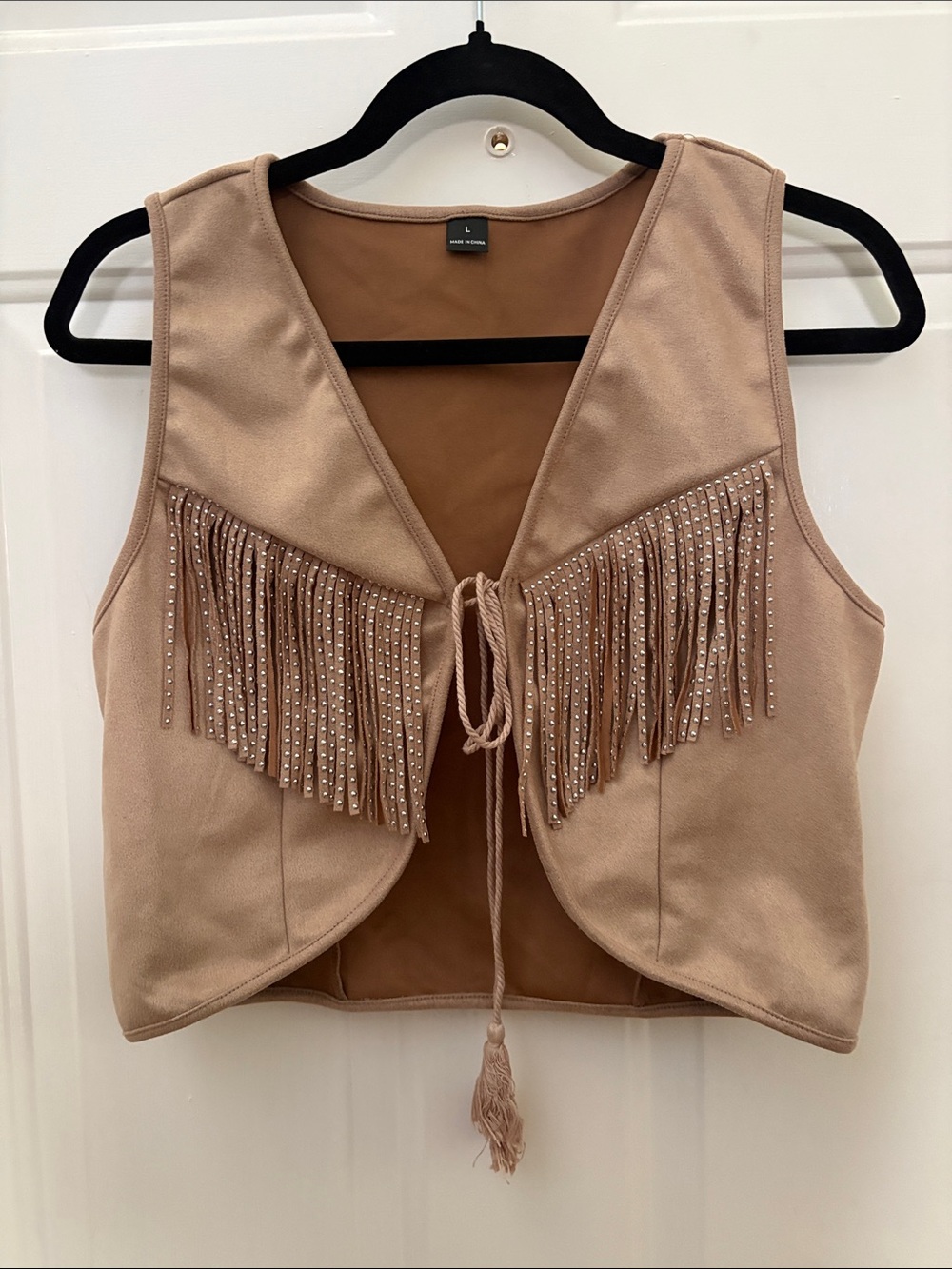 SHEIN Tan Fringe Sleeveless Vest with Tassel Tie